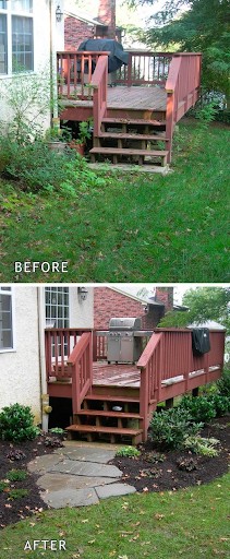 Red deck before and after adding mulch and a stone pathway to the steps