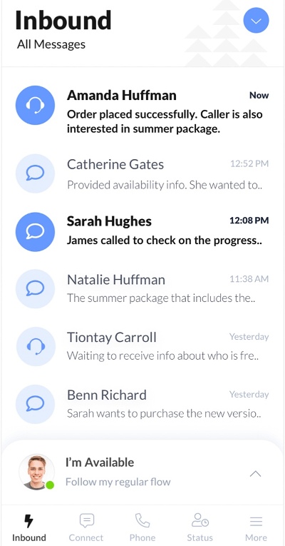 A screenshot of how inbound messages are received via Answer Connect's mobile app