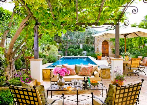 Backyard of a home with patio and pool surrounded by luscious green trees