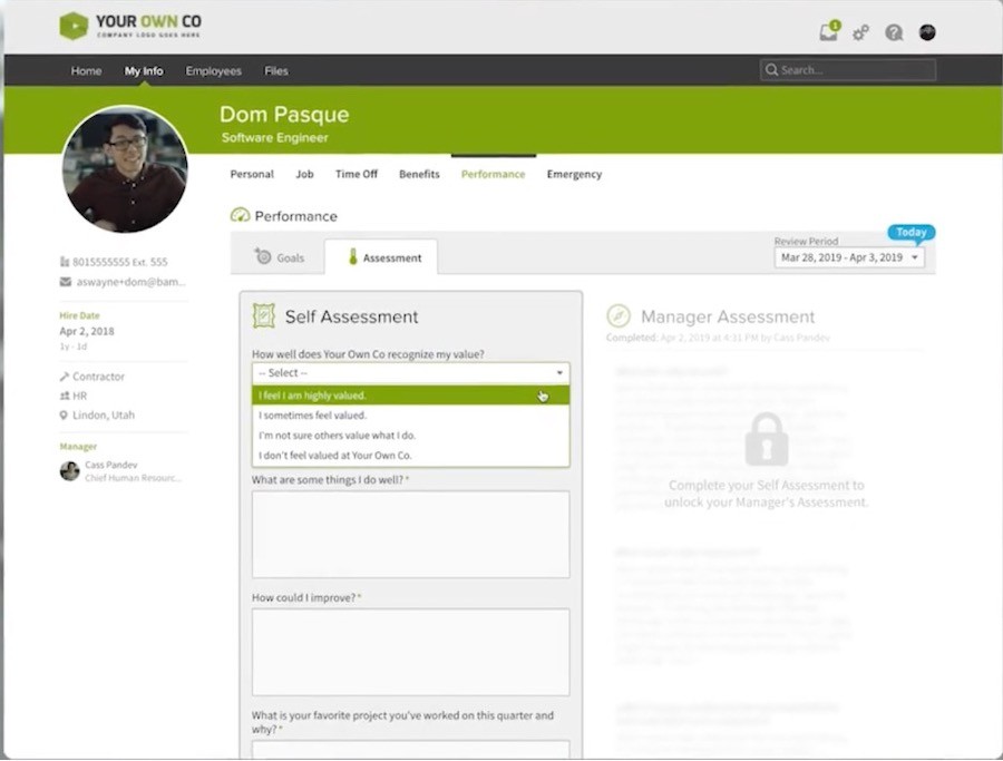 BambooHR dashboard showing an employee profile that includes a self assessment tab.