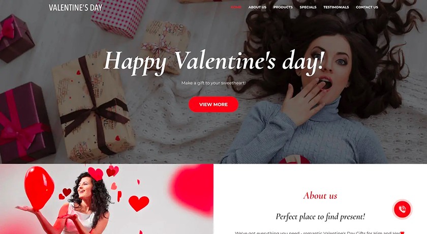 Website landing page with Valentines day imagery