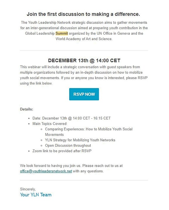 Screenshot of Youth Leadership Network event invitation and RSVP email