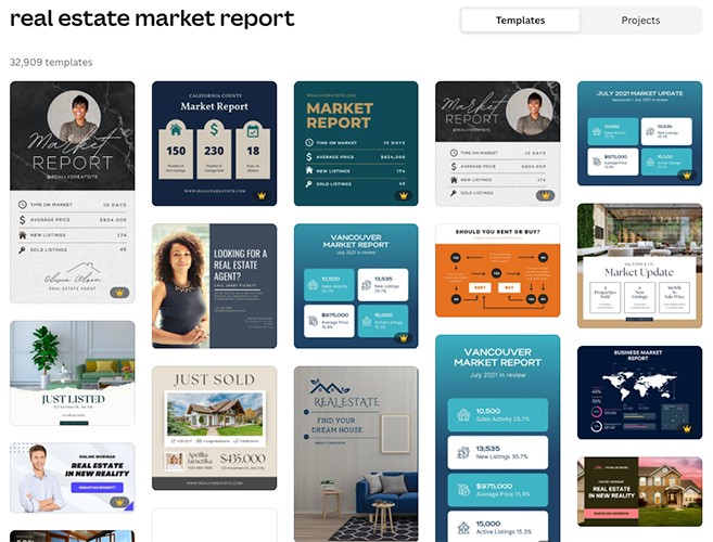 Canva real estate market report template options