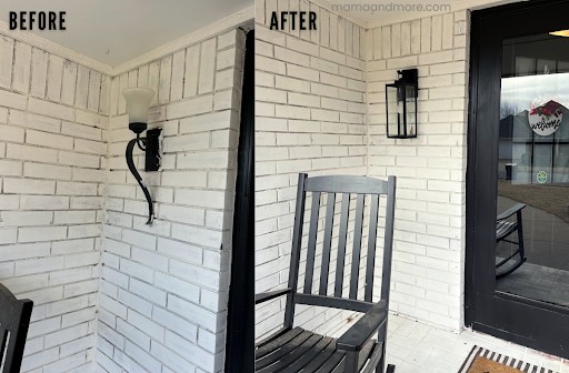 Changing a light fixture on a white brick front porch