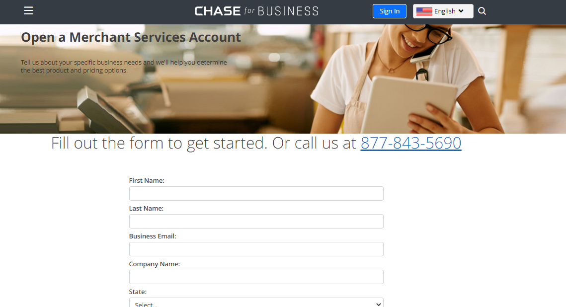 Chase merchant account only signup page.