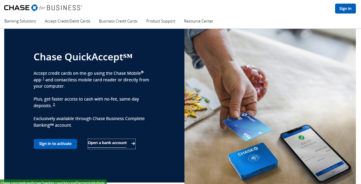 Chase signup page for Chase Quick Accept.