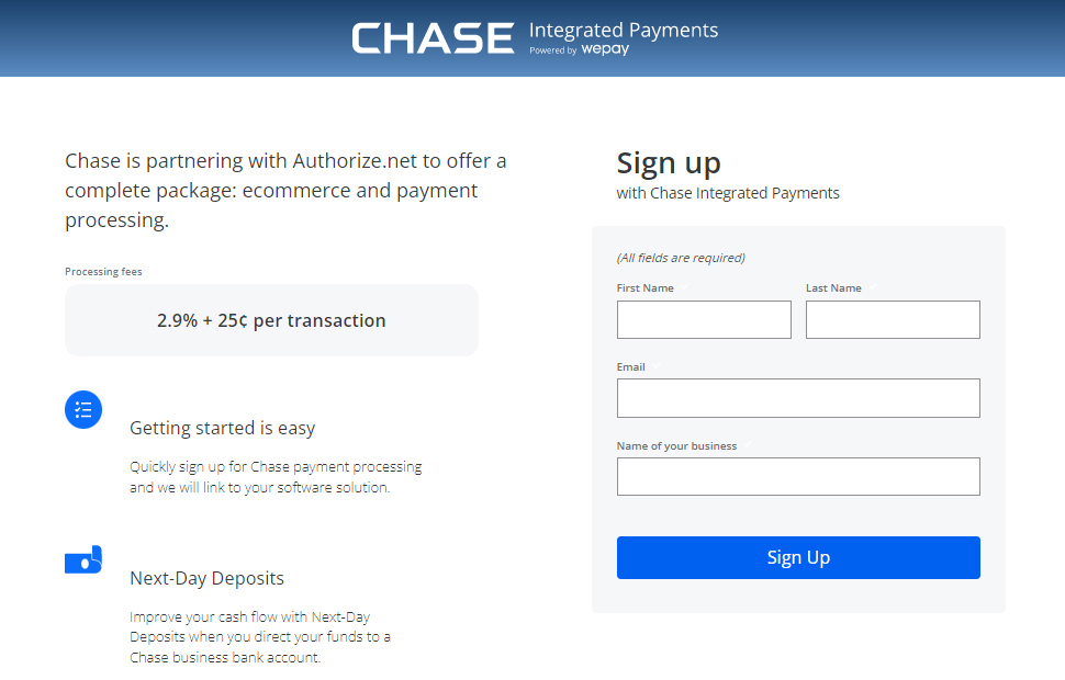Chase signup page for authorize.net payment gateway.