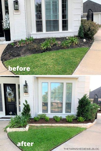 Landscaping in front of a house before and after being trimmed and adding edging