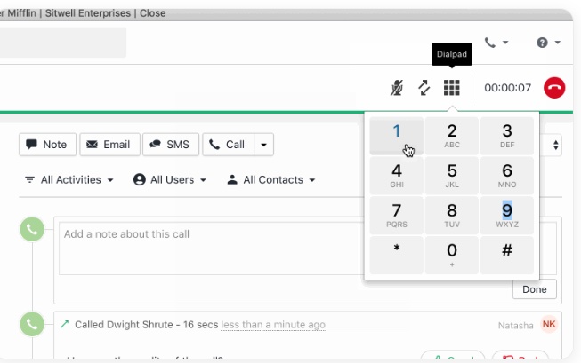 Dialing the phone pad in Close CRM