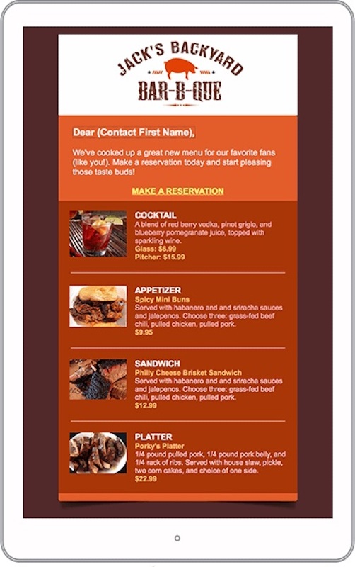 A marketing email from a barbecue restaurant showing a logo, an opening line with a call to action to make a reservation, and some menu items.