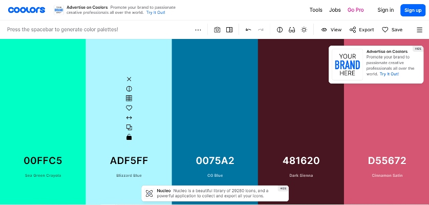 Screenshot of Coolors color palette generator