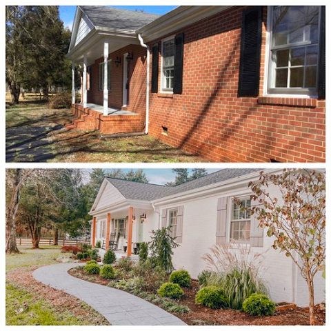 Brick house before and after adding a concrete path to the front porch