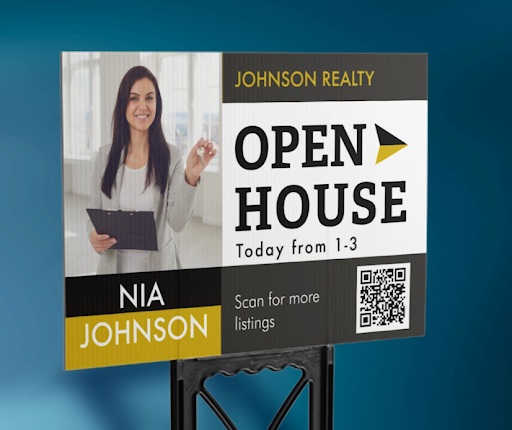 Open house yard sign with a QR code