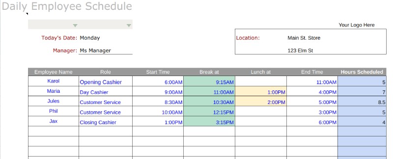 schedule spreadsheet template with column and rows.