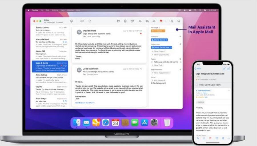 Screens of a MacBook Pro and iPhone displaying examples of Daylite's integration with Apple Mail.