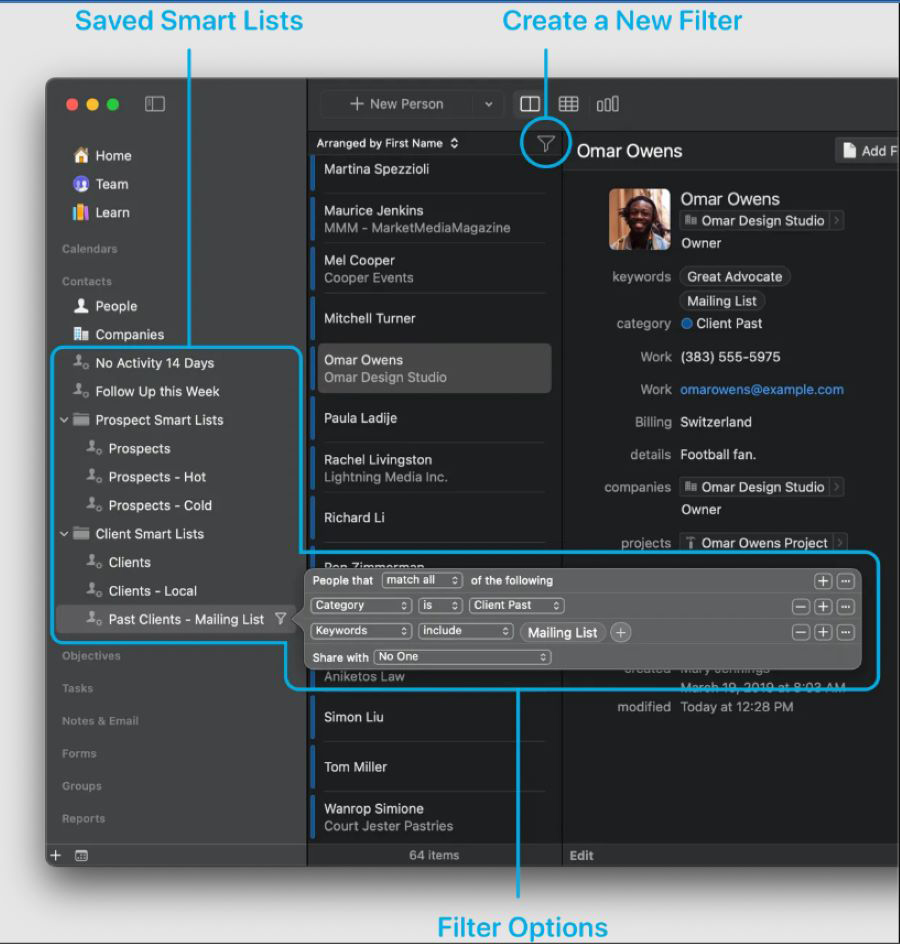 A screenshot showing Daylite's saved smart contact list.