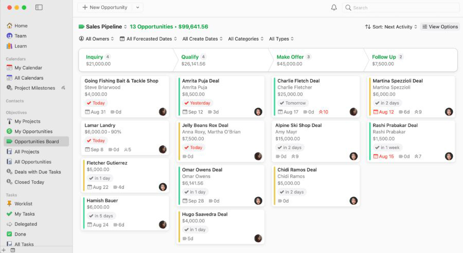 A Kanban board showing Daylite's opportunities management feature.