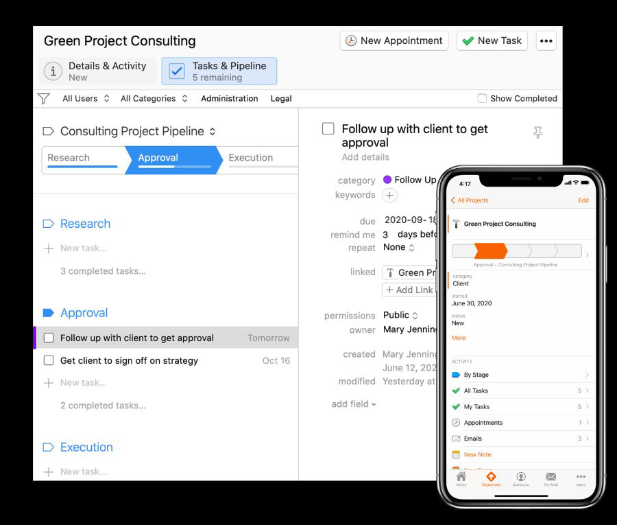 An image showing Daylite's project management system on a Mac and iPhone.