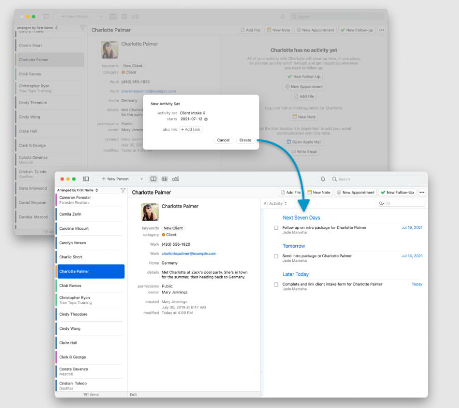 Screenshot illustrating Daylite's streamlined workflow for client follow up.