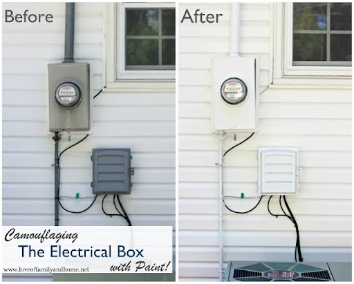 Utility boxes on the exterior of a house before and after being painted