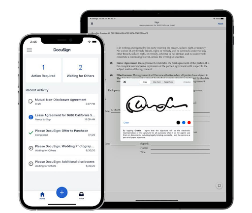 signature of document signee on a tablet and mobile application with a document's recently activityshowing