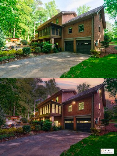 Real estate listing photo with a visible driveway, before and after photo editing