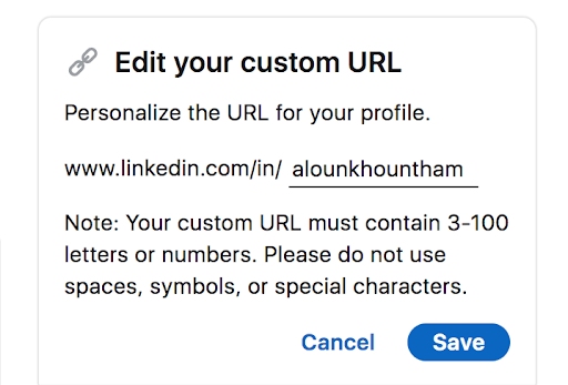 Screenshot of section allowing users to change their profile URL.