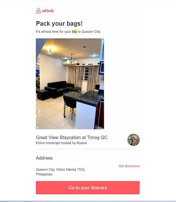 Screenshot of business email reservation reminder from AirBnB