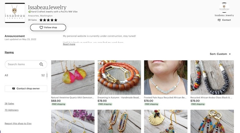 Screenshot of a jewelry store on Etsy