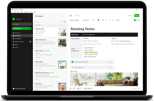 Meeting notes tab on Evernote dashboard on a windows laptop