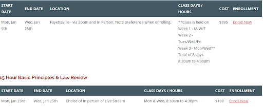 Example of in-person and Zoom class options from Lindsey School of Real Estate