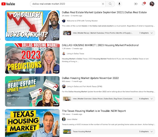 YouTube video search results with example keyword "Dallas real estate market 2022"