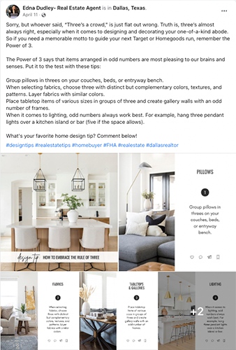 Facebook post about interior design tip of putting items in groups of three