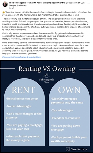 Facebook post comparing renting vs owning