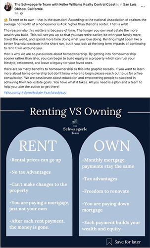 Facebook post with image titled "Renting vs. Owning"