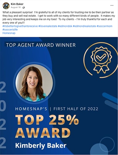 Facebook post of Homesnap top 25% award for top real estate agent