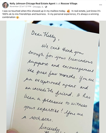 Facebook post with a picture of a handwritten testimonial from a real estate client