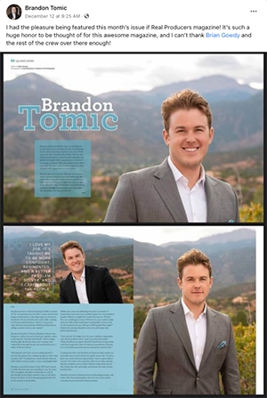 Facebook post of a real estate agent featured in Real Producers magazine