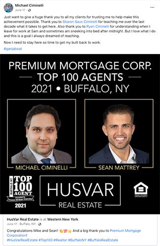 Facebook post of the top 100 agents in Buffalo award