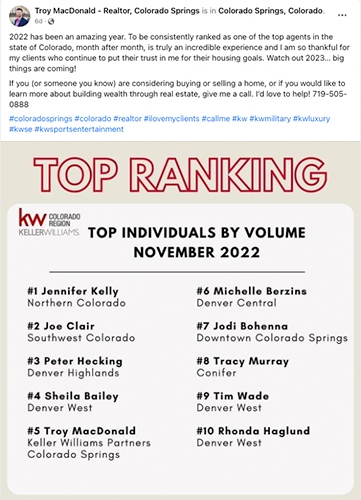 Facebook post with Keller Williams top ranking agents by volume in November 2022