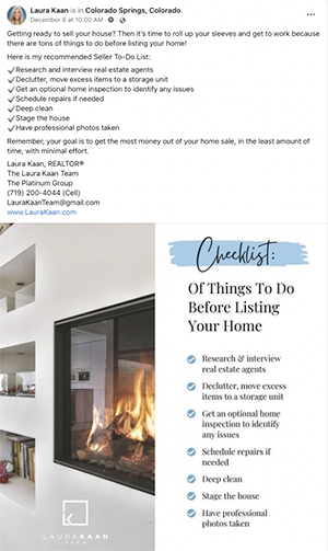 Facebook post with a checklist of things to do before listing your home