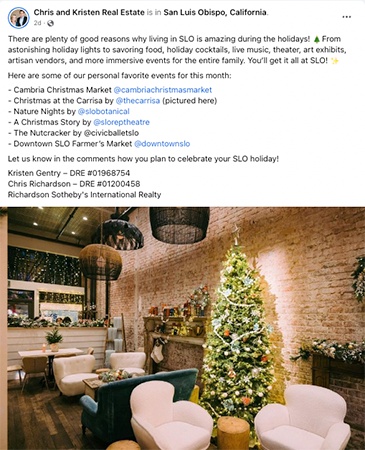 Facebook post with holiday events in San Luis Obispo
