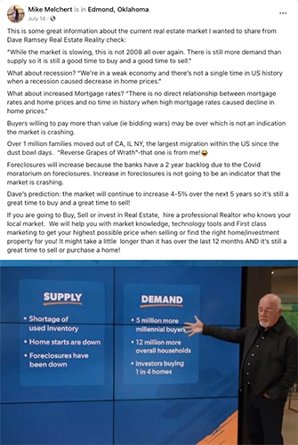 Facebook post with screenshot of Dave Ramsey's real estate report