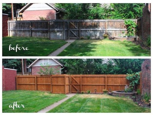 Backyard fence before and after being cleaned and restained