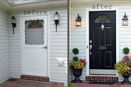 Front door upgrade, white storm door turned into black front door