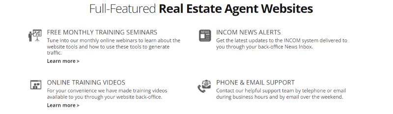 Full Featured Real Estate Agent Websites including free monthly training seminars, online training videos, news alerts, phone and email support.