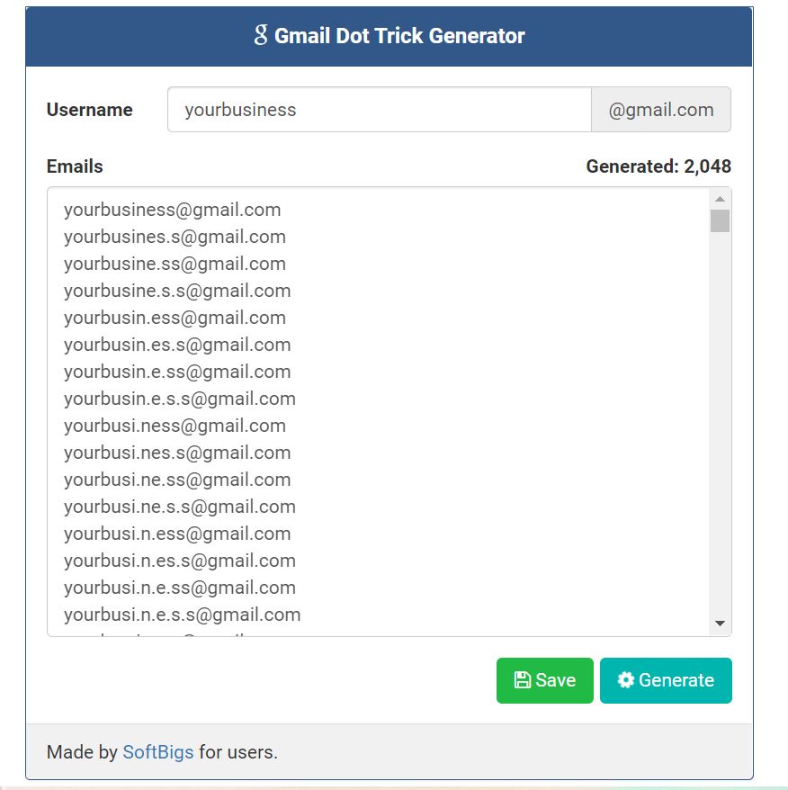 A sample list of email variations by Softbigs Google Dot Trick Generator