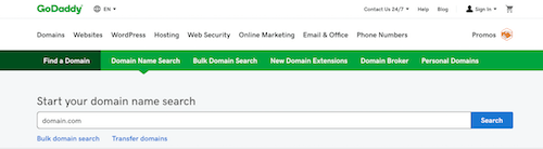 Screenshot of GoDaddy's domain search bar