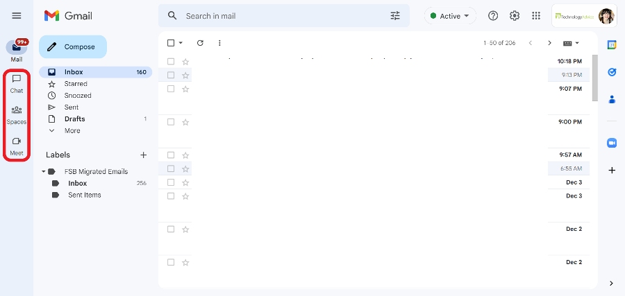 Google Chat and Meet buttons interface on Gmail