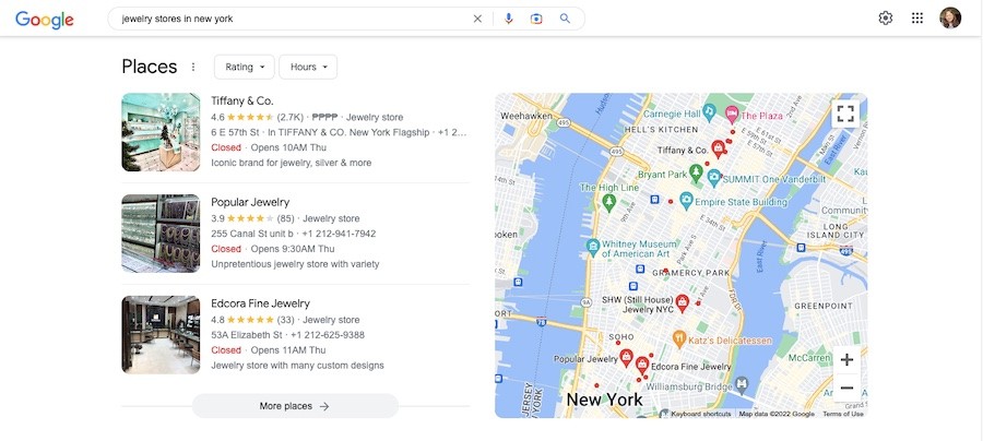 A Google My Business listings screenshot for jewelry stores in New York
